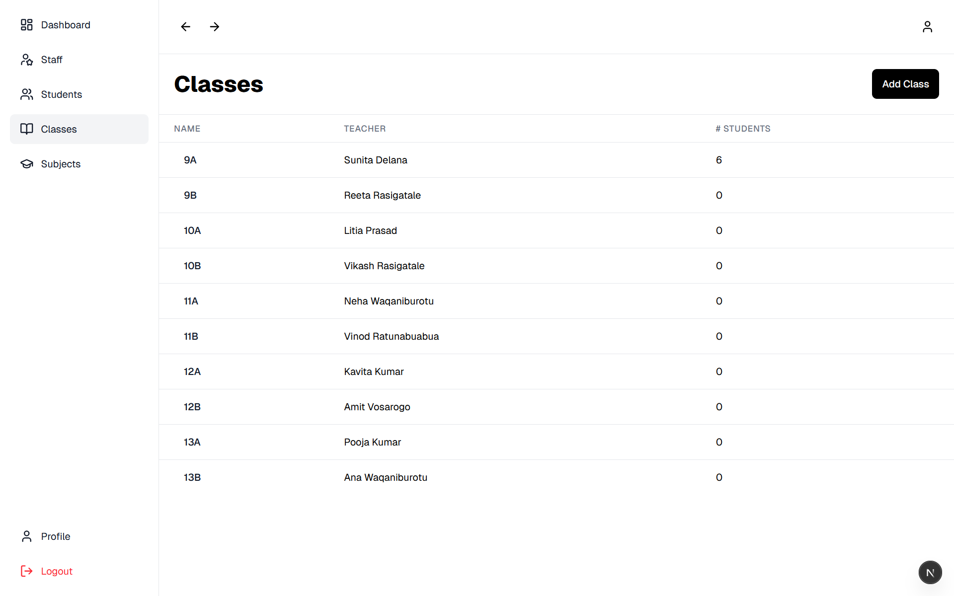 Class management view with the enrolled students list|large